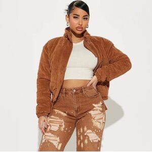 Fashion Nova Cover Your Tracks Corduroy Puffer Jacket - Camel Brown Size Medium